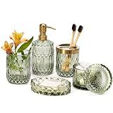 EMPO 6PCS Bathroom Clear Glass Accessories Set (Lotion Soap Dispenser, Soap Dish, Toothbrush Holder, Tumbler, Cotton Swab Jar), Contemporary Modern Decor Crystal Vintage Gift (6pcs Green)
