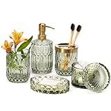 EMPO 6PCS Bathroom Clear Glass Accessories Set (Lotion Soap Dispenser, Soap Dish, Toothbrush Holder, Tumbler, Cotton Swab Jar), Contemporary Modern Decor Crystal Vintage Gift (6pcs Green)