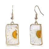 Desnuage Dainty Pressed Daisy Earrings for Women 14K Gold Plated Resin Flower Dangle Earrings Handmade Statement Rectangle Dry Flower Jewelry