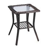 VINGLI Outdoor Side Table with Storage Wicker Patio Side Table, Tempered Glass Top End Table for Balcony Porch Deck (Brown)