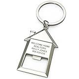 OnePlace Gifts 10 Pack Custom Engraved House Keychain Bottle Opener - Personalized Home Shape Key Ring Beer Opener - Gift for Realtor New Homeowners Housewarming, 2.28 inches, Silver