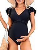 Blooming Jelly Maternity Swimsuit One Piece Tummy Control Bathing Suit 2025 Modest Pregnancy Swim Suit Retro V Neck Swimwear (Maternity Black,Large)
