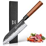 FAMCÜTE Santoku Knife 7 inch, Hand Forged 5 Layers 9CR18MOV High Carbon Steel Professional Kitchen Knife, Ultra Sharp Rosewood Handle Japanese Sushi Knife As a Thoughtful Birthday Gifts for Mom/Dad