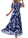 Simplee Womens Floral Maxi Wedding Guest Dress Bohemian Short Sleeve Loose Sundress Lightweight Flowy Prom Vacation Dress(Floral 2Blue L)
