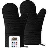 GORILLA GRIP Heat Resistant Durable Silicone Oven Mitts, BPA-Free Protective Grilling Potholders, Soft Cotton Lining, Flexible Waterproof Cooking Mitt Set, Kitchen Home Essentials, 12.5x8.3, Black