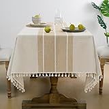 Softalker Outdoor Tablecloth Rectangle, Waterproof Linen Cotton Farmhouse Table Cloths with Tassel, Heavy Weight Wrinkle Free Fabric Table Cover for Dining/Party/Rustic - 55 x 70 Inch, Coffee Lines