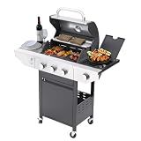 Endark 3-burner propane grill, 37,000 BTU with side-fire function. Stainless steel, enameled cast iron grate, thermometer, wheels. Perfect for patio and garden cooking