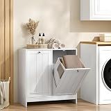Smart FENDEE Double Tilt Out Laundry Hamper Cabinet, 11.8 Gallon Hidden Trash Cabinets with 2 Baskets for Kitchen, Freestanding Small Bathroom Storage Cabinet Unit, White