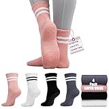 SPORTIC Pilates Socks with Grips for Women, Non Slip Yoga Socks Barre Crew Grippy Sticky Socks for Workout, Dance, Hospital – 4 Pairs Athletic Anti Skid Grip Socks