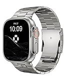 FiNESTONE Premium Grade 5 Titanium Band Compatible with Apple Watch Ultra 3/2/1 49mm, Scratch-Resistant DLC Coating Metal Link Bracelet with Secure Foldover Clasp Buckle, Adjustable Strap for Men - Natural Titanium