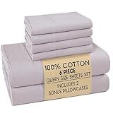 Casa Platino 100% Cotton Queen Size Sheets – Crisp Percale Sheets Queen with 4 Pillowcases, with 15" Deep Pocket Sheet for Secure Fit, Ultra Soft & Cozy, Excellent Quality & Fit – Grey Lavender