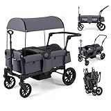 INFANS Wagon Stroller for 2 Kids, Foldable Wagon Cart with Adjustable Handle Pull Bar, Removable Canopy, Footwell, Snack Tray, Harnesses for Infants Toddlers 6-36 Months (Grey)