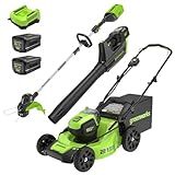 Greenworks 80V 21” Brushless (Push) Cordless Electric Lawn Mower + (500 CFM) Axial Leaf Blower + 13” String Trimmer (75+ Compatible Tools), (2) 2.0Ah Batteries and 30 Minute Rapid Charger