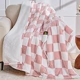 Light Pink Heated Blanket Electric Throw, 50X60 Heating Blanket with 10 Heat Levels & 8 Hours Auto Off for Lap, Checkered Plaid Soft Sherpa Blankets Warmer Gifts for Couch Grandma Women Adults