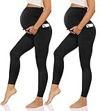 Happy.angel 2 Pack Maternity Leggings with Pockets Over the Belly, Womens Black Workout Yoga Pregnancy Pants Black Large