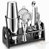 Semderm Cocktail Shaker Set, Weighted Boston Shaker Set with Bamboo Stand, 18/8 Stainless Steel Mixology Bartender Kit with Jigger, Fine Mesh & Hawthorne Strainers, Muddler, Spoon, Ice Tongs