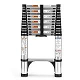 Telescoping Ladder, SocTone 12.5 FT Aluminum Lightweight Extension Ladder with 2 Triangle Stabilizers, Heavy Duty 250lbs Max Capacity, Multi-Purpose Collapsible Ladder for RV or Outdoor Work