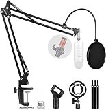 Microphone Stand for Blue Yeti, Quadcast Boom Arm Scissor Mic Stand with Windscreen and Double layered screen Pop Filter Heavy Duty Mic Boom Scissor Arm Stands, Broadcasting and Recording.Game