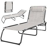 Outsunny Folding Chaise Lounge Chair, Patio Sun Tanning Chair, Outdoor Chaise Lounger with 4-Position Reclining Back, Breathable Mesh Seat for Beach, Poolside, Yard, Cream White