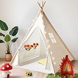 little dove Teepee Tent for Kids Foldable Teepee Play Tent with Carry Case, Banner, Fairy Lights, Olives Branches, Four Poles Style Raw White Color - New Version Tiny House