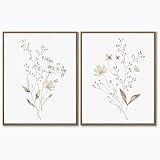 Boho Wall Art Set of 2 Watercolor Botanical Floral Picture Blossomy Wildflower Canvas Art Prints Minimalist Flower Wall Decor for Living Room Bedroom Bathroom Home Office Decoration, 11x14 Inch Framed