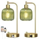 QiMH Industrial Table Lamp for Bedroom Set of 2, Green Glass Beside Lamp with USB A&C Ports, Stepless Dimmable Gold Lamps, Nightstand Lamps for Living Room, Office, Home Decor(Bulb Included)