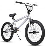 Yventix 20 Inch Freestyle BMX Bike 360 Degree Rotor, Teens Trick Bicycle 4 Pegs for Kids Boys Girls, Hi Ten Steel Frame, Adjustable Seat, Outdoor Street Youth Riders, Silver Gray