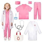 Meland Doctor Costume for Girls - Kids Scrubs with Lab Coat & Carry Bag, Doctor Dress Up for Halloween, Career Day Role Play(Pink,5-6 Years)