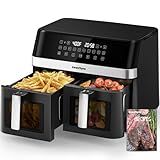 12QT Large Dual Air Fryer, 10-in-1 Double Zone Airfryer with 2×6QT Baskets, 60° Easy-Panel with Full Touchscreen, SyncCook Function, Viewing Window, Nonstick & Dishwasher Safe, 2 Dishes at Once, Black