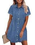 GRAPENT Denim Dress for Women 2026 Babydoll Tiered Short Sleeve Button Down Jean Shirt Dresses Medium Blue Country Western Concert Dress to Wear with Boots Casual Flowy Jean Dresses Small Size 4 to 6