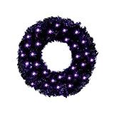Halloween Wreath for Front Door 24 Inch Pre-Lit Black Halloween Wreaths with 50 LED Purple Light for Indoor Outdoor Wall Window Porch Patio Prom Garden Farmhouse Home Decoration Party Holiday Decor