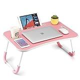 FISYOD Foldable Laptop Table, Portable Lap Desk Bed Table Tray, Laptop Stand with Cup Holder & Tablet Slot & Lifting Handle for Working Writing Drawing & Eating (Pink)