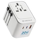 decqle Universal Travel Adapter, International Travel Plug Adapter with 2 USB-C(PD 20W) ＆ 1 USB-A Ports, All in One Portable Adaptor, for USA, UK, EU, AU ＆ 224+ Countries (White) US