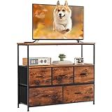 DUMOS TV Stand Dresser for Bedroom with 5 Fabric Drawer,Entertainment Center for 45 inch Television, Media Console Table with Storage, Open Shelf, Adjustable Feet, Living Room Furniture, Brown