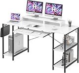 HYPIGO Computer Desk with Keyboard Tray, 55 Inch Music Studio Desk Music Production Desk with Storage Shelves Monitor Stands and 4 Iron Hooks, Workstation Gaming Table for Home Office