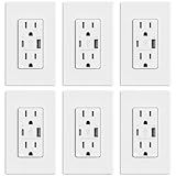 ELEGRP USB Outlets, 15 Amp Wall Outlet with USB Ports, 21W USB Outlets Receptacles with Type A & Type C Ports, Tamper Resistant Receptacle, Wall Plate Included, Ul Listed (6 Pack, Matte White)