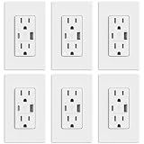 ELEGRP USB Outlets, 15 Amp Wall Outlet with USB Ports, 21W USB Outlets Receptacles with Type A & Type C Ports, Tamper Resistant Receptacle, Wall Plate Included, Ul Listed (6 Pack, Matte White)
