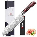 KEEMAKE Santoku Knife - 7 Inch High Carbon Japanese Chefs Knife with Ergonomic Pakkawood Handle and Sheath, Gifts for Mom or Dad, Kitchen Gadgets with Gift Box, Mothers Day Gifts