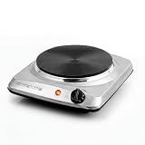 OVENTE Electric Countertop Single Burner, 1000W Cooktop with 7.25 Inch Cast Iron Hot Plate, 5 Level Temperature Control, Compact Cooking Stove and Easy to Clean Stainless Steel Base, Silver BGS101S