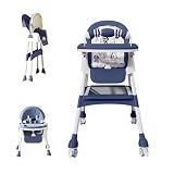 Foldable 4-in-1 Baby High Chair, Infant to Toddler Feeding Chair with Play Tray & Built-in Toys, Removable PU Cushion, Easy to Clean Dining & Activity Chair–Blue