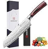 KEEMAKE Santoku Knife - 7 Inch High Carbon Japanese Chefs Knife with Ergonomic Pakkawood Handle and Sheath, Gifts for Mom or Dad, Kitchen Gadgets with Gift Box, Father Day Gifts