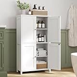 Nuturelly Bathroom Floor Storage Cabinet, Freestanding Pantry Cabinets with 4 Doors & 3 Adjustable Heights, Bathroom Organizers and Storage with Top Board & Metal Handles for Kitchen, Creamy White