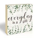 Everyday Is A Gift Inspirational Wooden Block Sign - 5” Eucalyptus Rustic Pinewood Sign Decor For Desk Shelf, Home Office Decorations & Gifts - A04