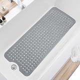 TEESHLY Bath Tub and Shower Mats, Non Slip 40 x 16 Inch Extra Large Bathtub Mat, Machine Washable Bathmat with Drain Holes, Suction Cups for Bathroom Floor, Gray