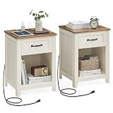 VASAGLE Farmhouse Nightstands with Charging Station, 1 Drawer, Set of 2