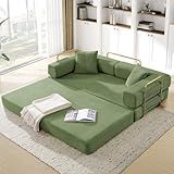Convertible Folding Sofa Bed, Corduroy Sleeper Mattress Couch with Fixed-Shape Frame, Free Combination Loveseat Lounge Floor Sofa, Queen Size Memory Foam Couch for Living Room, Bedroom, Dark Green