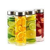Juice Bottles - 4 Pack Wide Mouth Glass Bottles with Lids - for Juicing, Smoothies, Infused Water, Beverage Storage - 16oz, BPA Free, Stainless Steel Lids, Leakproof, Reusable, Borosilicate