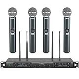 Phenyx Pro Wireless Microphone System, Quad Channel Wireless Mic, w/ 4x40 UHF Frequencies, Auto Scan, 328ft Long Range, 4 Handheld Dynamic Microphone for Singing, Church, Karaoke (PTU-7000-4H)