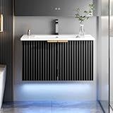 ELEVACHIC 30" Bathroom Vanity with Sink, Modern Wall Mounted Floating Vanity Cabinet, Modern Bathroom Sinks with LED Light, Metal Handle & Double Soft-Close Doors, Black