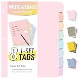 Sooez 8 Tabs Long-Lasting Plastic Write & Erase Large Tabs Dividers for 3 Ring Binder, Aesthetic Cute Pastels Binder Dividers for Student, Teacher, Office, Home Organizers, 1 Set, Pastels Color